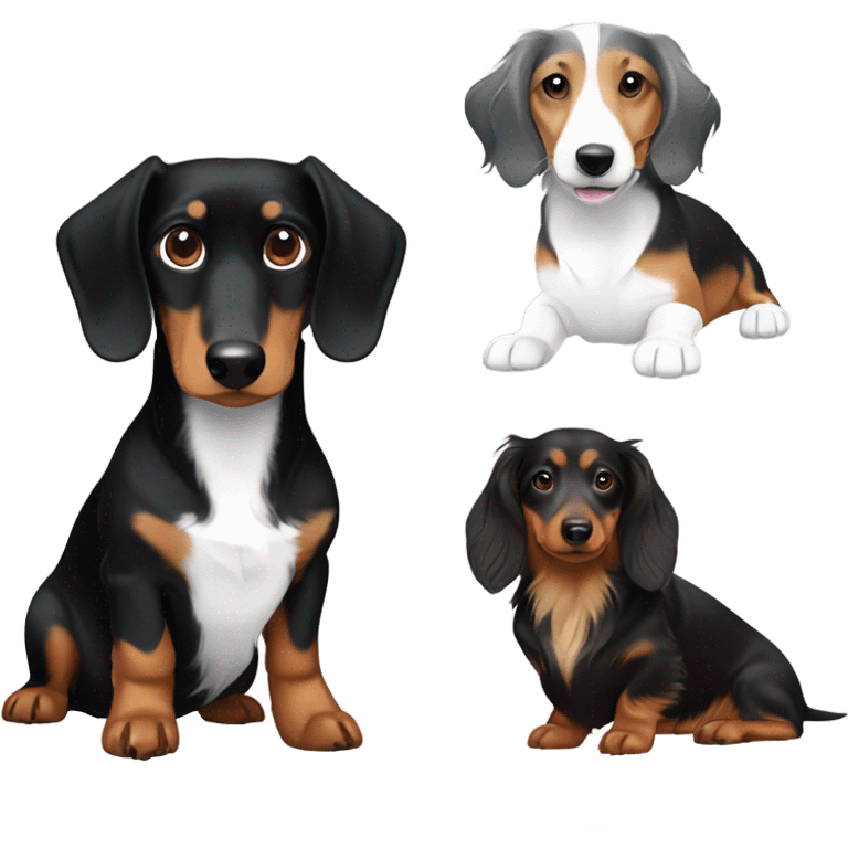 Black and tan dachshund, a long haired brown dachshund and a grey abs white border collie emoji