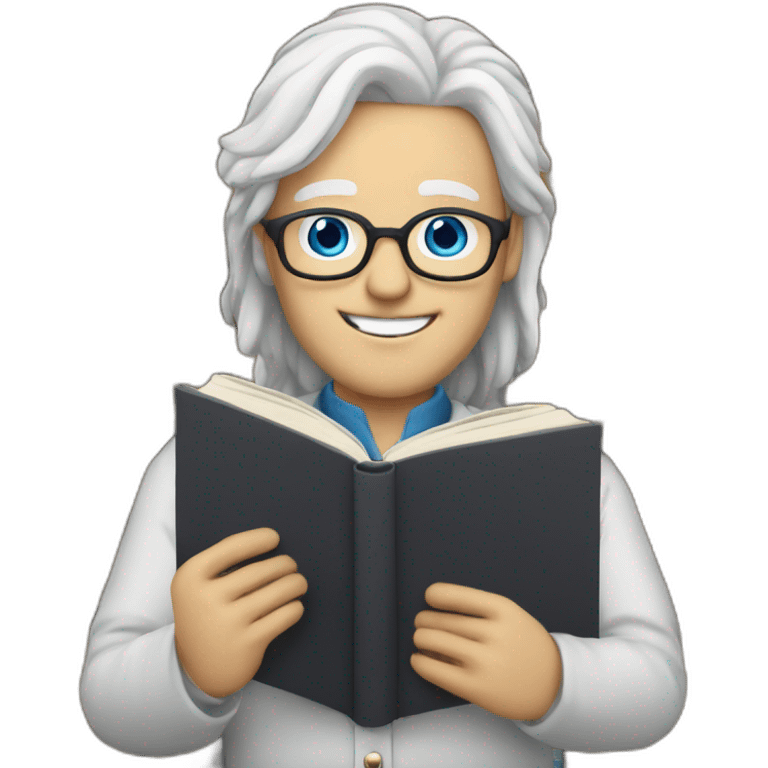 librarian with blue eyes and long white hair holding a book male emoji