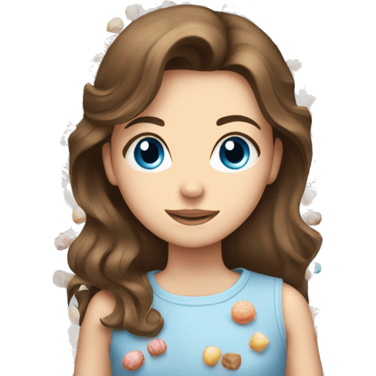 Beautiful brown haired girl with grey-blue eyes and sweets around her emoji