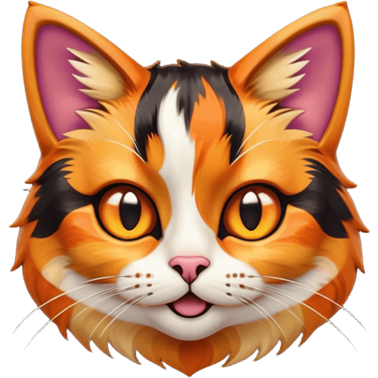 Cinematic Comical Calico Cat Portrait Emoji, Head tilted dramatically with an exaggeratedly surprised expression, showcasing a vibrant patchwork fur of orange, black, and white with wide, comically expressive eyes, simplified yet hilariously detailed, glowing with a sassy, golden radiance, high shine, exuding playful mischief and cheeky feline attitude, styled with a soft glowing outline, capturing the essence of a calico cat that looks ready to leap off the screen with mischievous flair! emoji