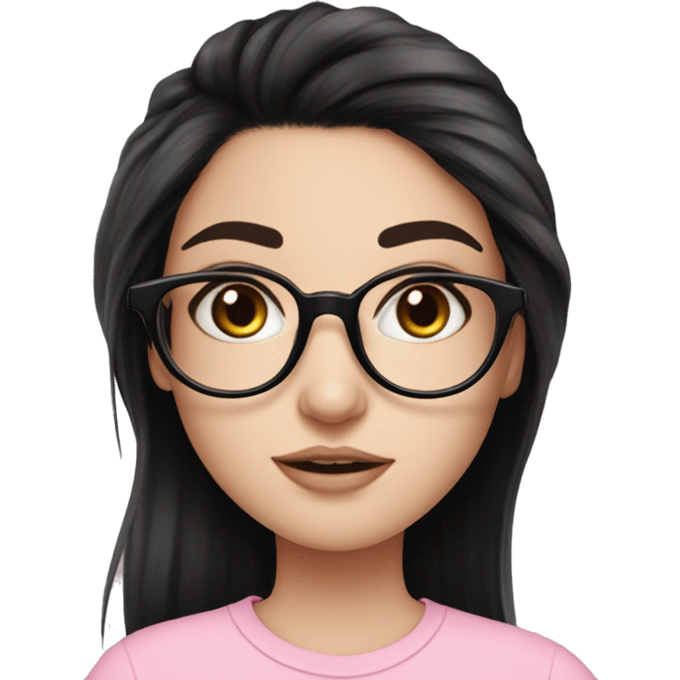 Black hair, pale skin pretty make up long eyelashes, clear glasses, pink shirt, girl emoji