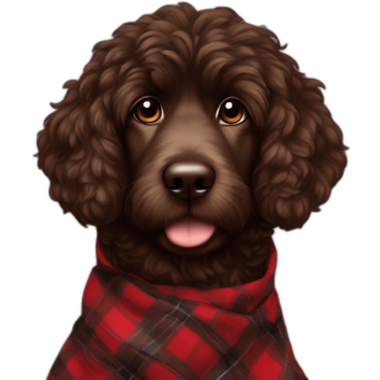 portrait Dark chocolate colored doodle with wavy fur wearing a red and black flannel handkerchief emoji