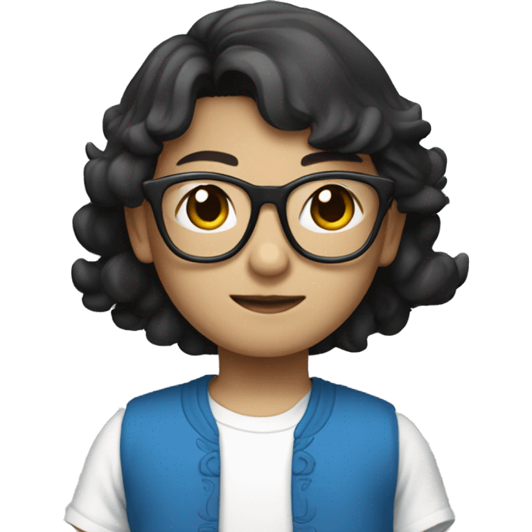 chinese boy with blue skirt and white tee，with black glasses emoji