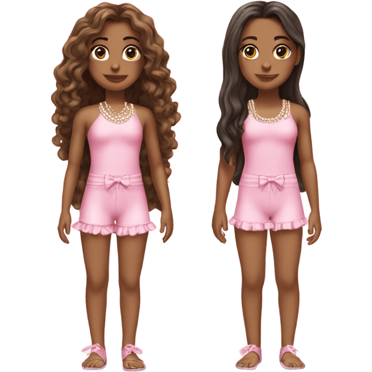 two teenage Latina twins. pink. Long hair. Pink bows. Pearls. Light pink. Diamonds outfits. swimsuit emoji