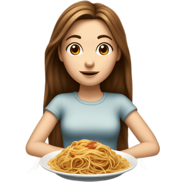 White girl blue eyes brown hair eating spaghetti  getting ready emoji