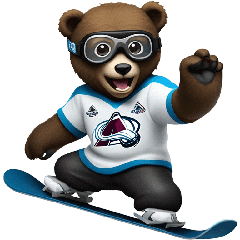 Bear on a snowboard in Colorado avalanche jersey doing hardcore tricks wearing black helmet and goggles emoji