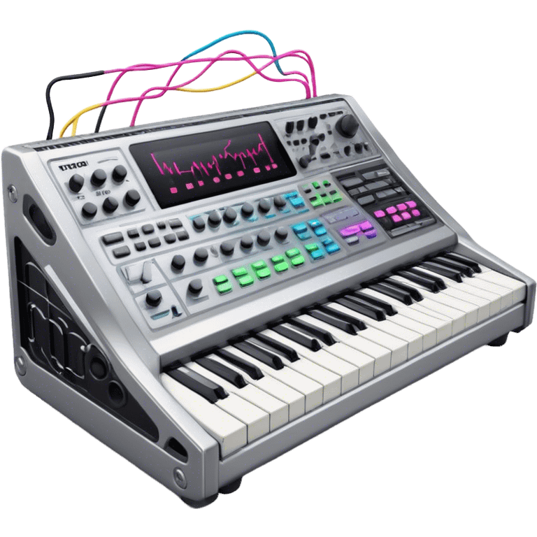 Create a professional and detailed emoji that represents sound design. The design should feature a high-end studio synthesizer, specifically a Korg synthesizer, with a mixing console and control panel, all connected with audio cables. Surround the equipment with flowing sound waves or musical notes to symbolize the creation and manipulation of sound. Use colors like metallic silver, black, and neon accents to emphasize the technical, creative nature of sound design. The background should be transparent. emoji