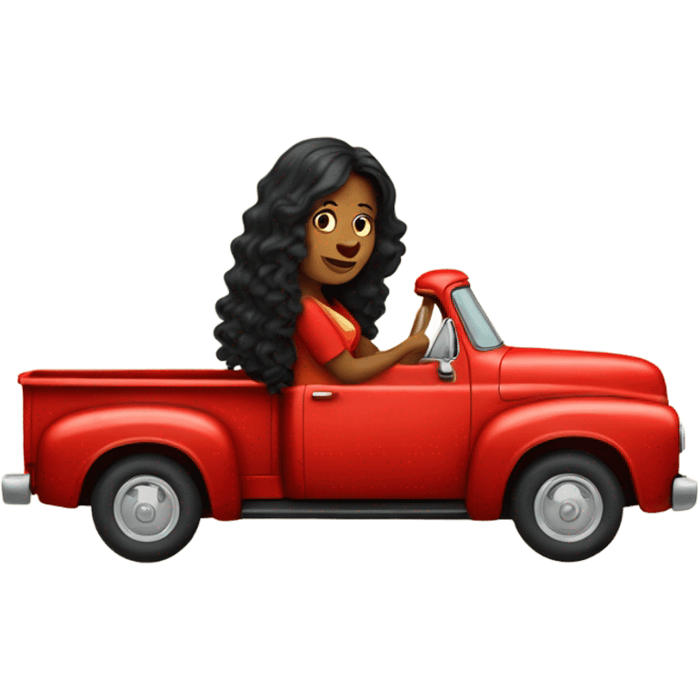 A lady with long curly black hair, driving a red old pick up truck emoji