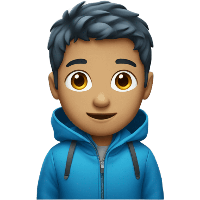 A boy that is wearing a blue jaki emoji