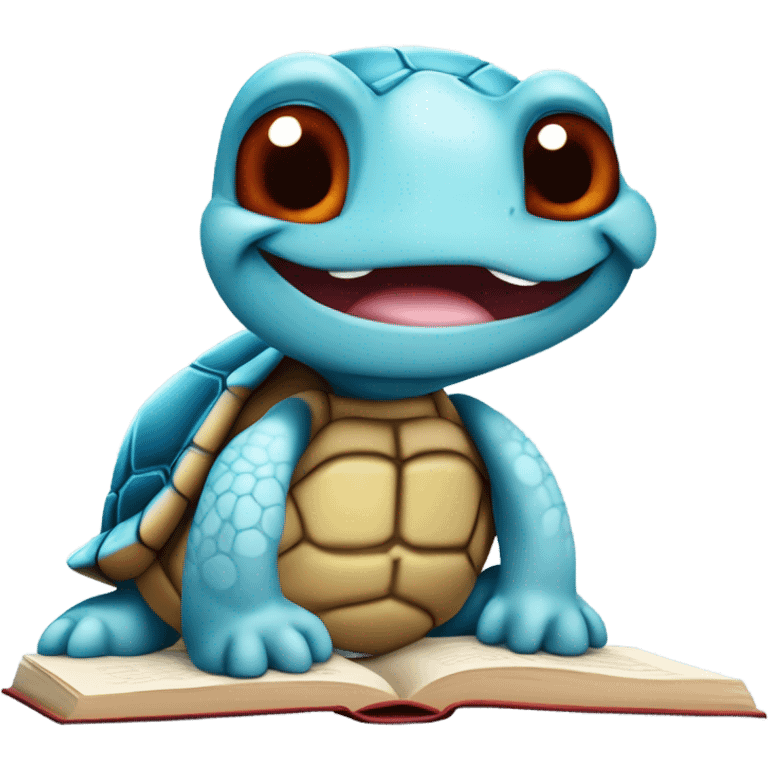 A cute red eye colour, light blue skinned turtle with a brown shell. Reading a booking with a mischievous grin blushing smiling ear to ear  emoji