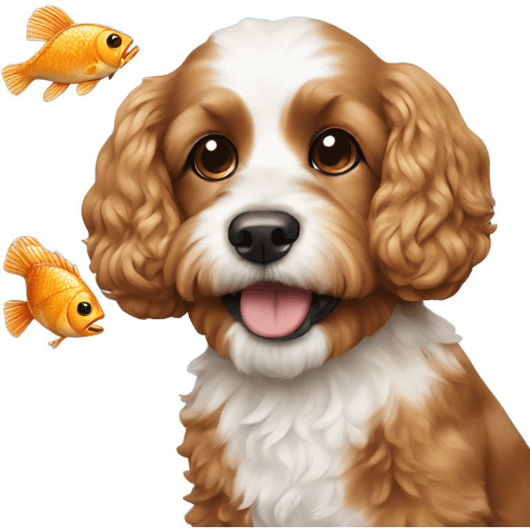 Cavapoo holding fish with chicken  emoji