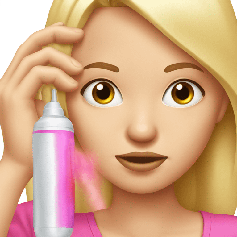 blonde woman with a hot fever taking temperature in ear , pink realistic emoji