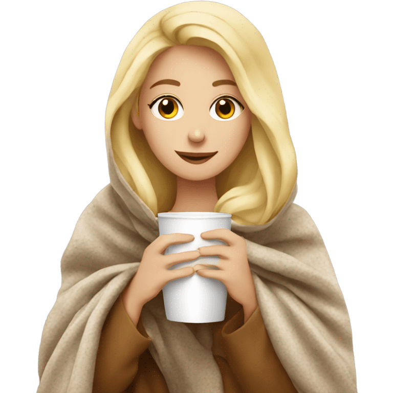 Blonde girl in blanket drinking coffee  emoji