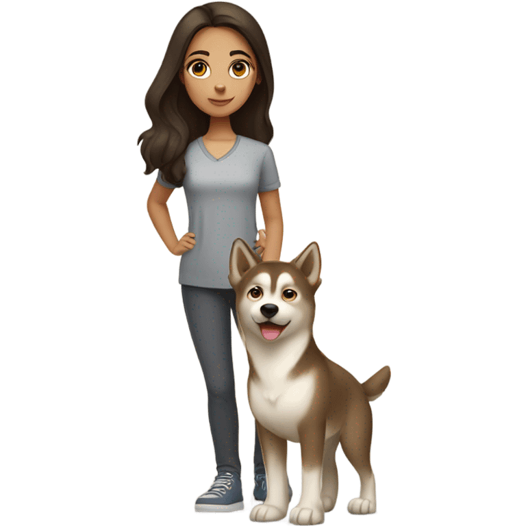 A brunette girl next to a beige  Husky emoji