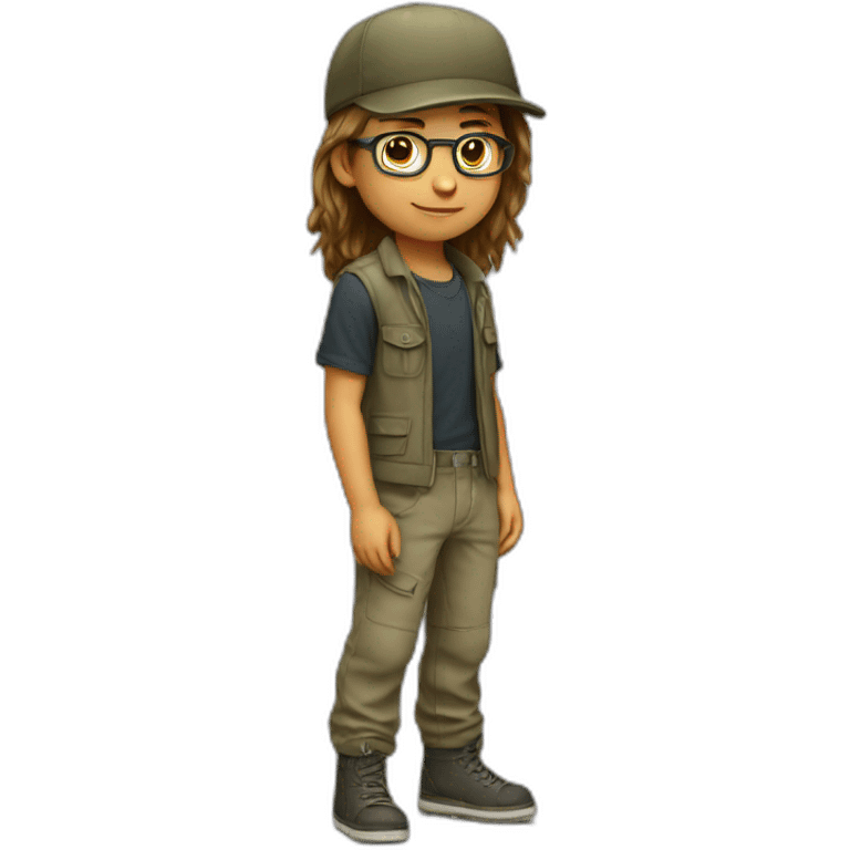 young boy with long hair and cap and Cargo pants and have glasses emoji