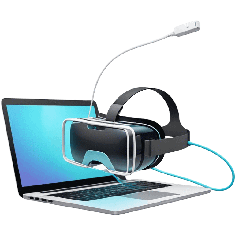 VR headset lying next to a laptop, connected by wires. On the laptop screen a VR/AR modeling program is opened. Floating 3D models or virtual objects. Modern, tech-inspired colors. No emojis or smiley faces. Transparent background. emoji