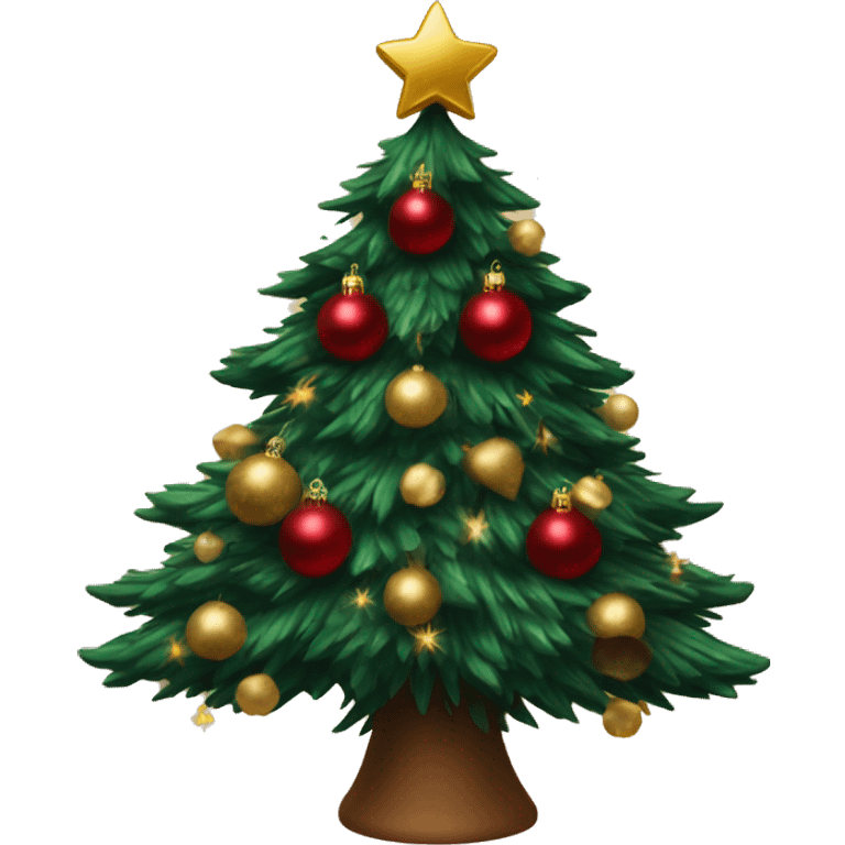 Super twinkly full christmas tree with dark red and gold decorations and gold tinsel emoji