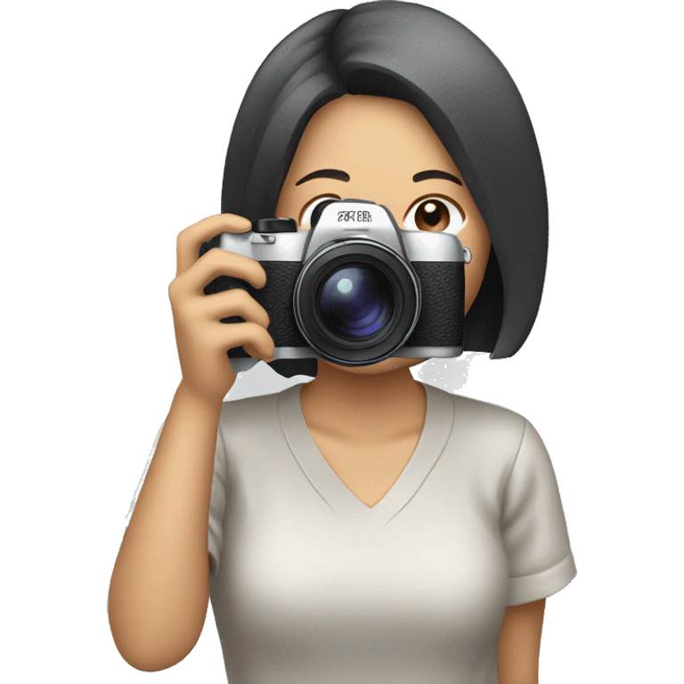 an asian woman with short hair taking photo using a camera emoji