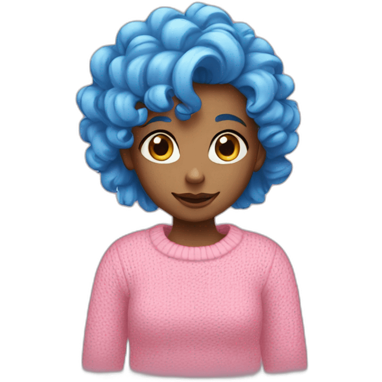 A girl, with curly blue hair, blue eyes, wearing a pink sweater. emoji