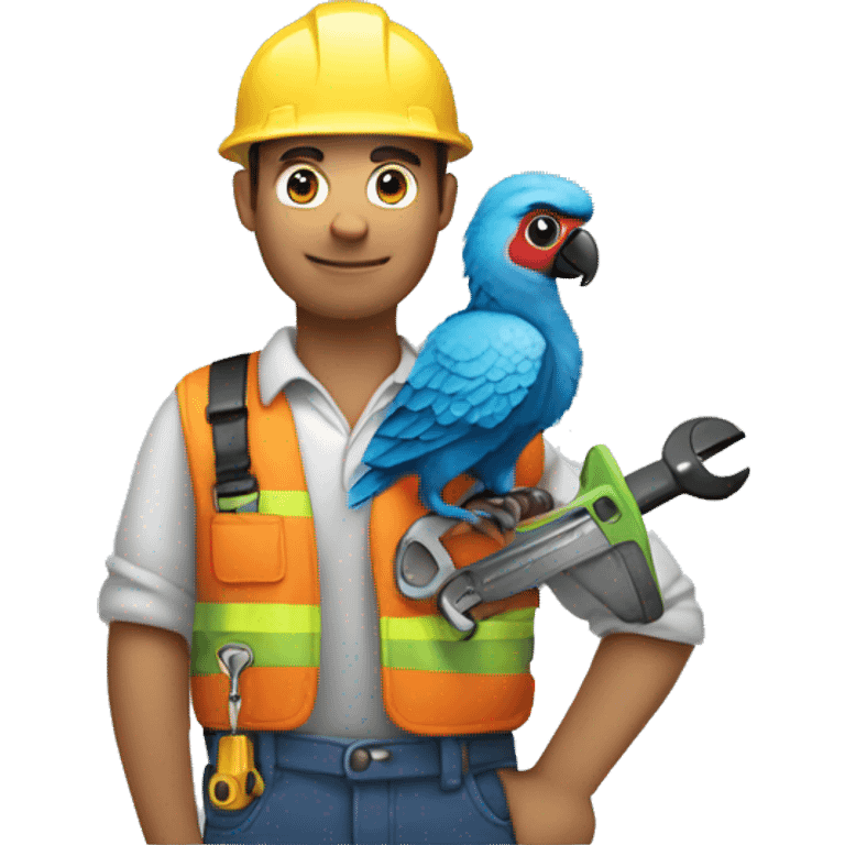 White skinned Engineer carrying a wrench and has a parrot on top of his shoulder emoji