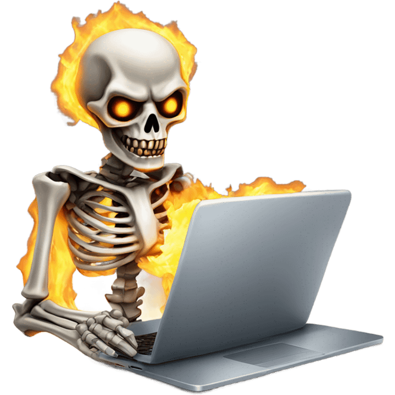 Metal skeleton with flaming eyes eating a laptop emoji