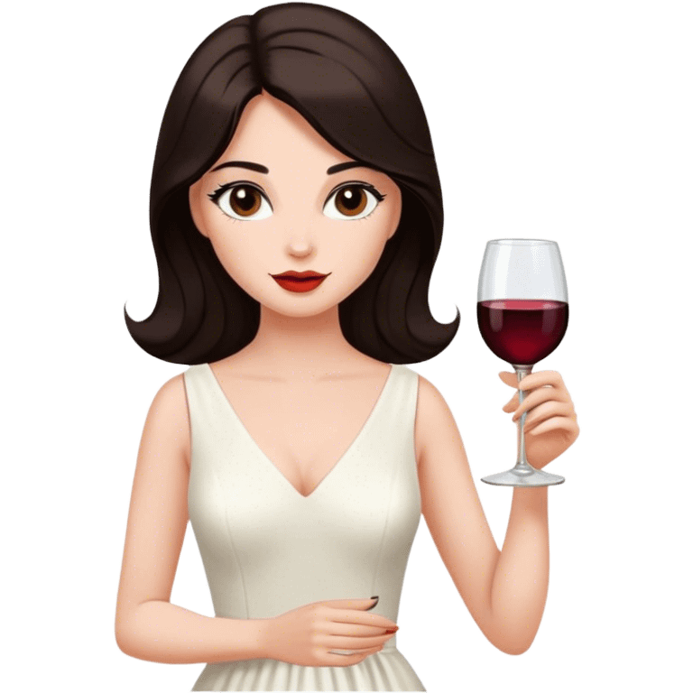 Beautiful woman in 1965’s woman fashion look, white dress, long dark brown hair, wine, emoji