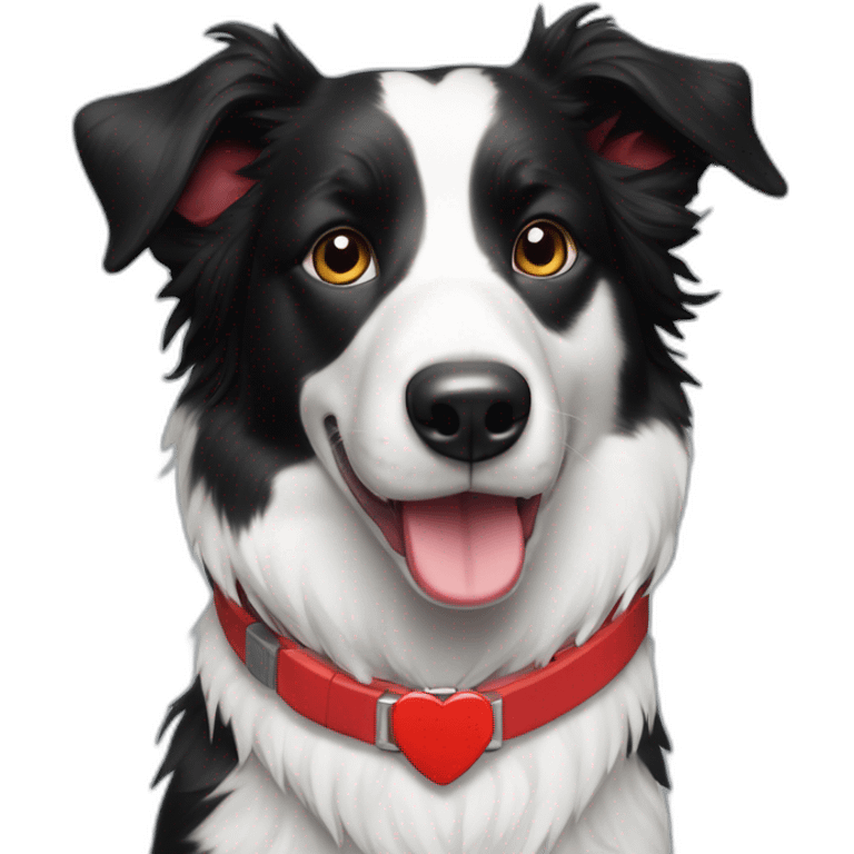 A black and white border collie with an skewed to the left white spot on his head and a red plaque on his collar chewing on iPad cord emoji