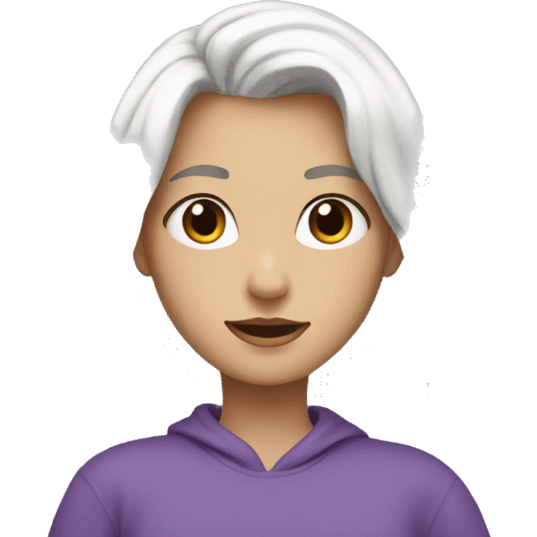 a girl with long white hair with bangs, brown eyes, wearing a purple sweatshirt and white heatsets emoji