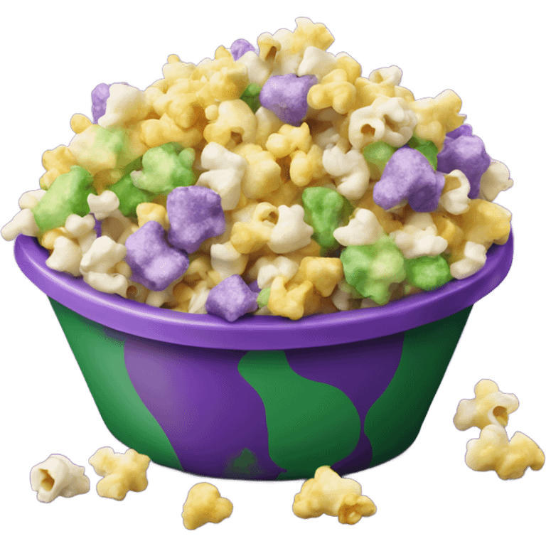 Realistic tub of purple,green,and yellow mixed popcorn pieces together.  emoji