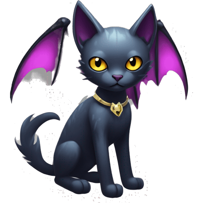  cool edgy kawaii ethereal dark-punk-themed animal vampiric cat-hybrid Fakemon with fangs and bat-wing-ears with a collar full body emoji