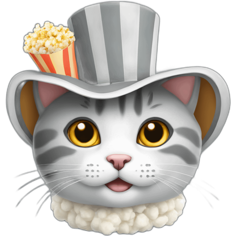 Grey and white Scottish cat wearing popcorn hat emoji