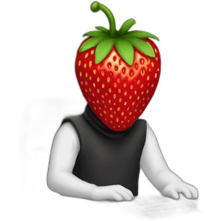 a human with a strawberry head sitting in front of a computer, wearing a balaclava and looking mischievous. emoji