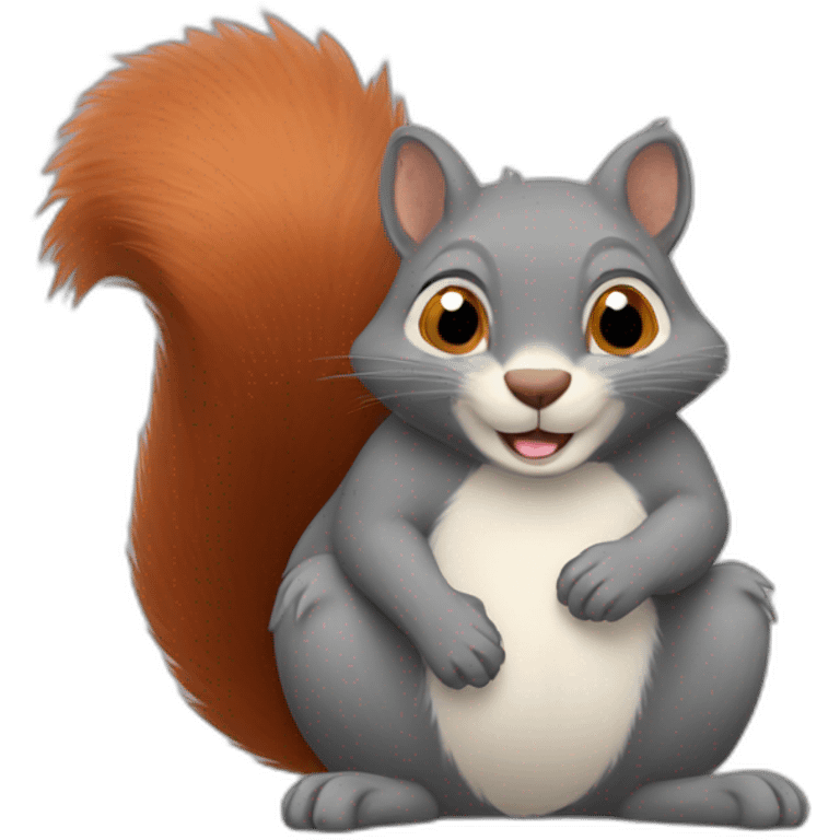 a red squirrel in the arms of a gray cat emoji