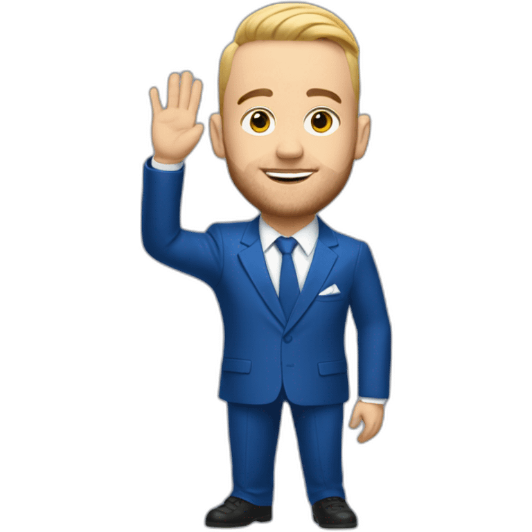 mac miller waving his hand with a blonde comb over skin fade wearing a blue suit emoji