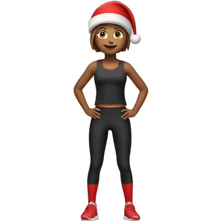 Emoji of full-body sporty girl в top and leggings wearing a red Christmas hat. emoji