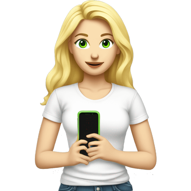 blonde woman, fair skin, green eyes, cell phone in hand, full body, t-shirt white emoji