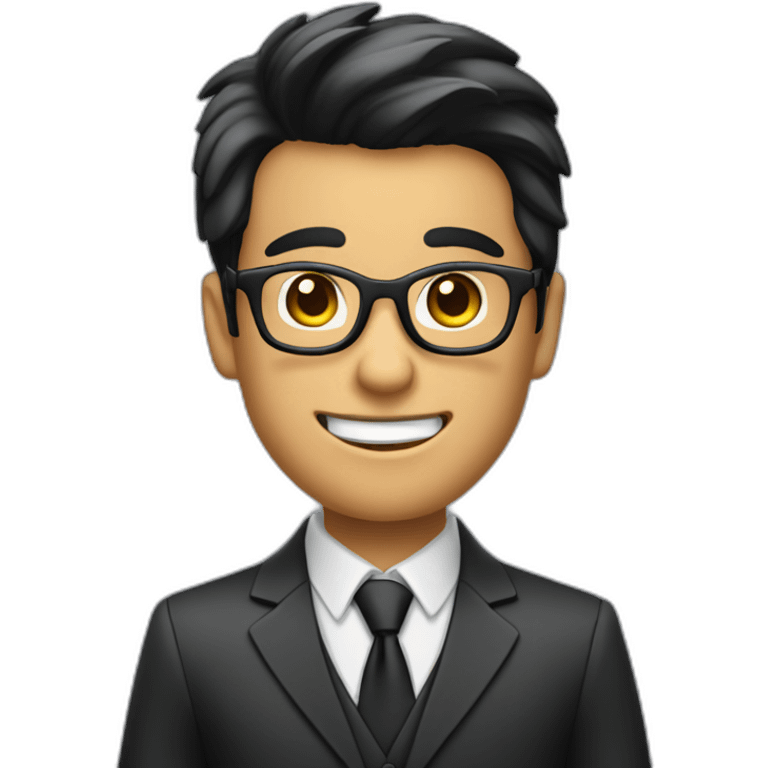 a boy with specs in business suit black hairs with lite beard and looking excited and point his hands emoji