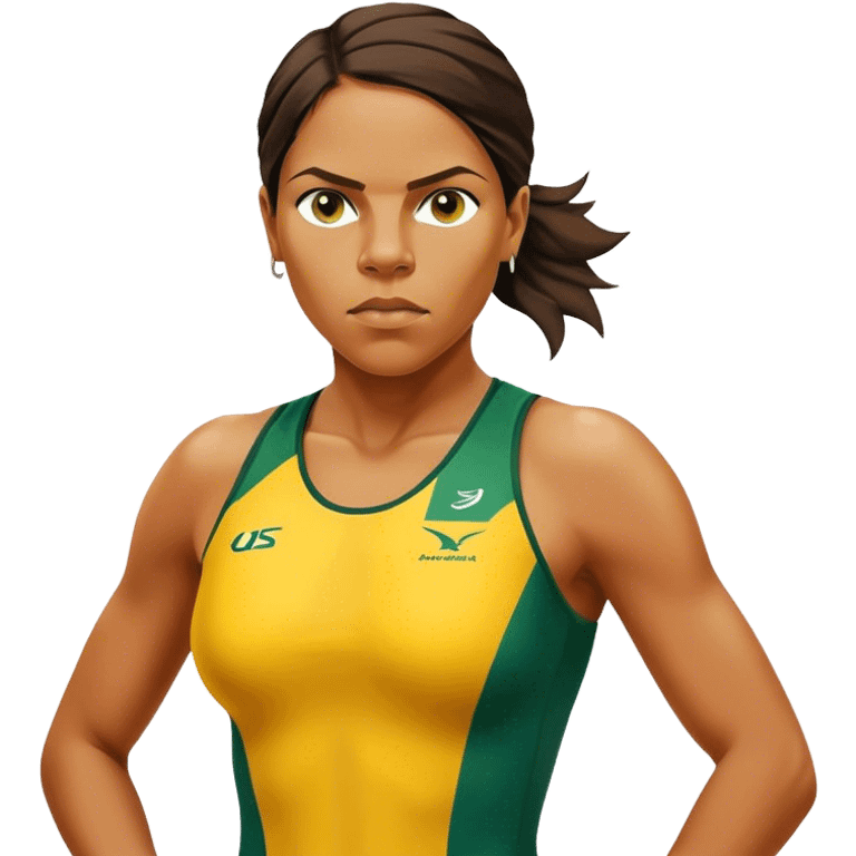 Cinematic Realistic portrait of Cathy Freeman, shown as an iconic Australian sprinter with a focused, determined expression and modern athletic yellow and green attire accented with subtle native motifs, rendered in dynamic, vibrant lighting emoji