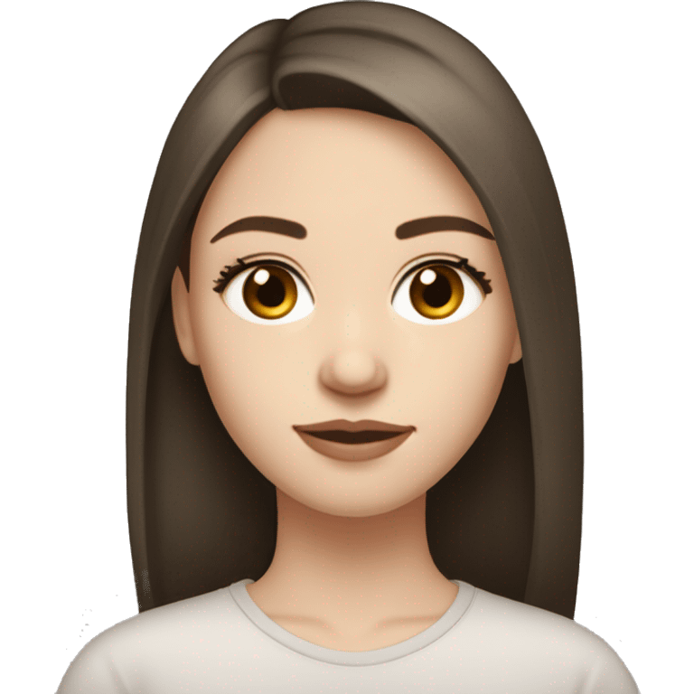 dark brunette girl with semi pale skin and pretty eyelashes and medium thin brows, light brown eyes. pretty silky long hair with long fringe emoji