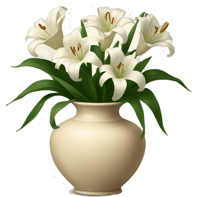 Vintage beige vase filled with white lilies emoji