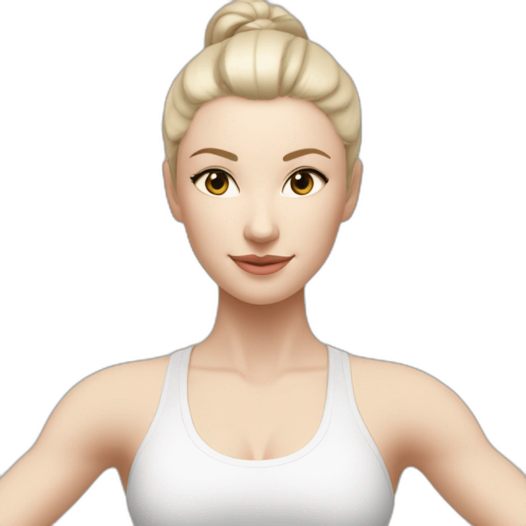 Pale skinned fit woman In a white tight yoga suit With ash blonde hair in a ponytail and gray eyes doing yoga emoji