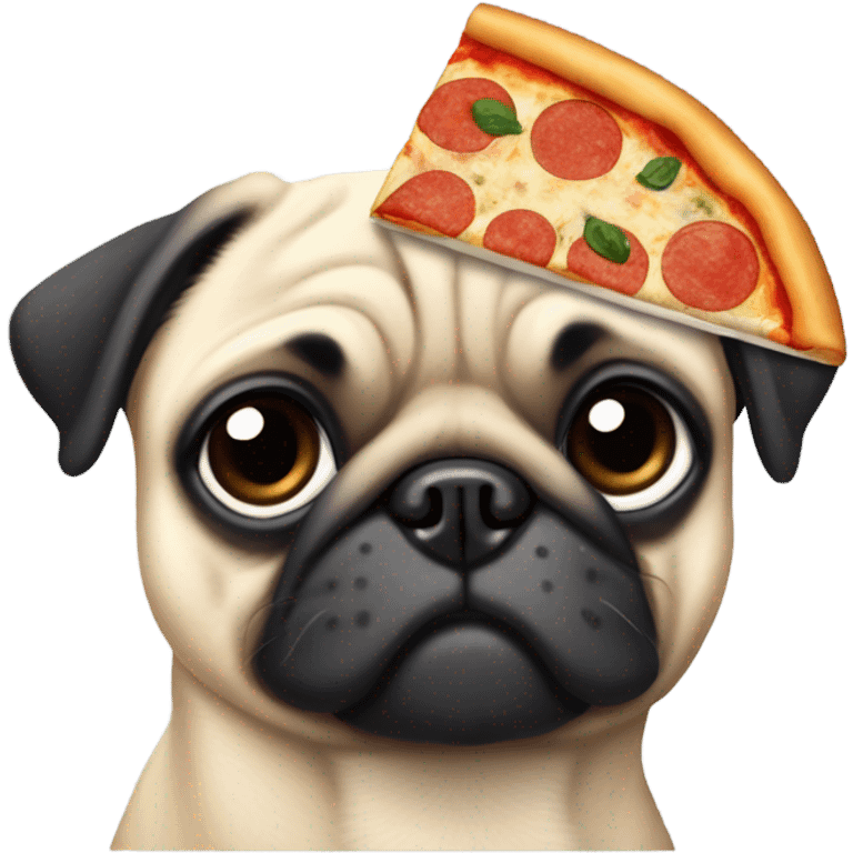 Black and gray Eurasian pug eating pizza emoji