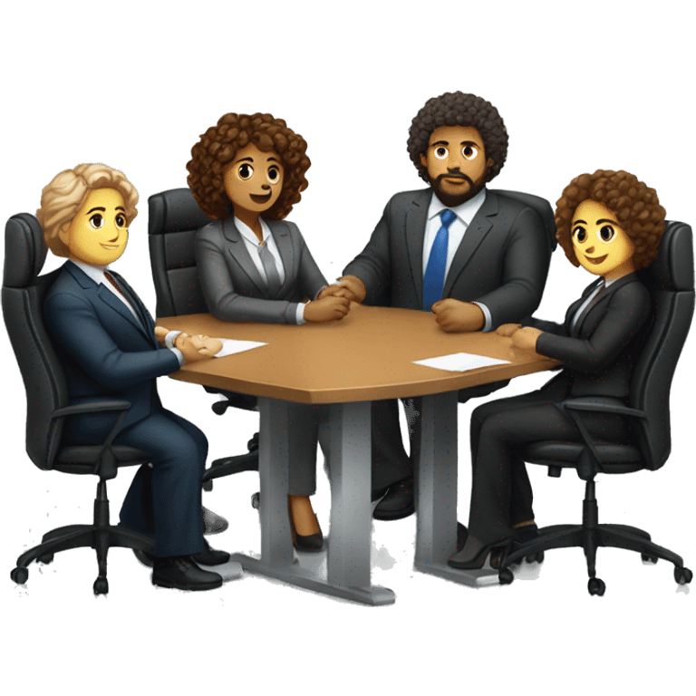 work meeting table 3 men and 4 women sitting on a table wearing suits the women have curly hair and one of the men is fat with a beard and of them is tanned with curly hair emoji