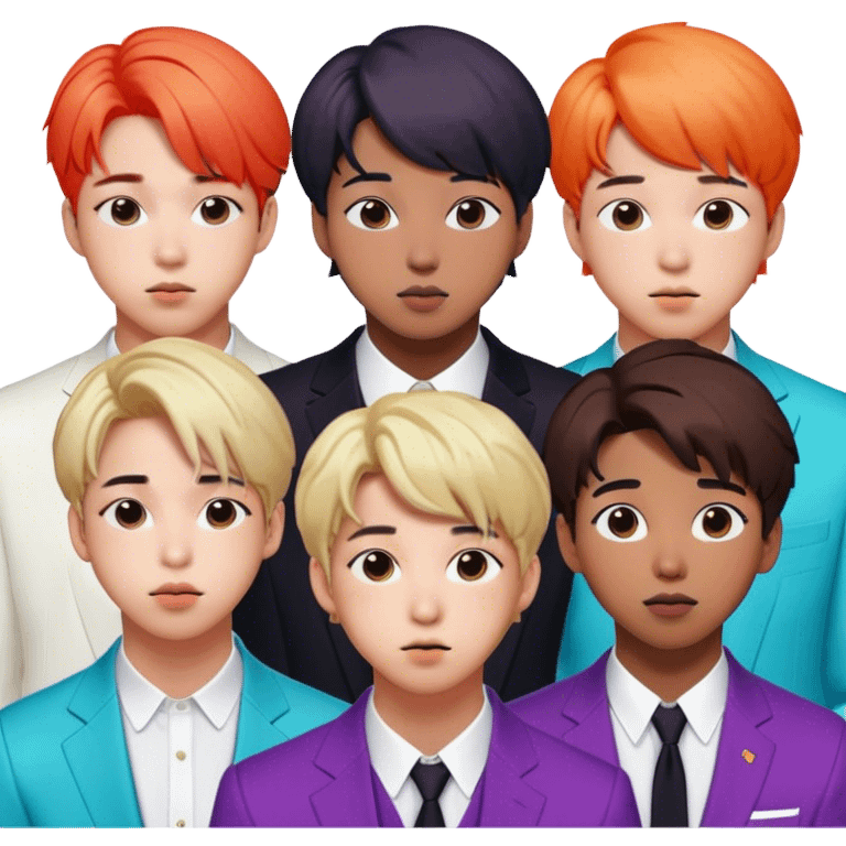 Cinematic Realistic group portrait of BTS featuring all 7 members in stylish modern attire, with detailed facial expressions and vibrant colors, captured in dynamic, contemporary lighting that emphasizes their global pop icon status emoji