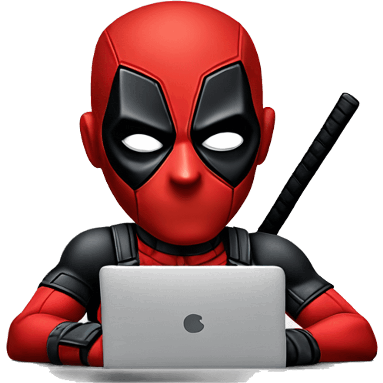 Cute Deadpool sitting at a desk, front view emoji