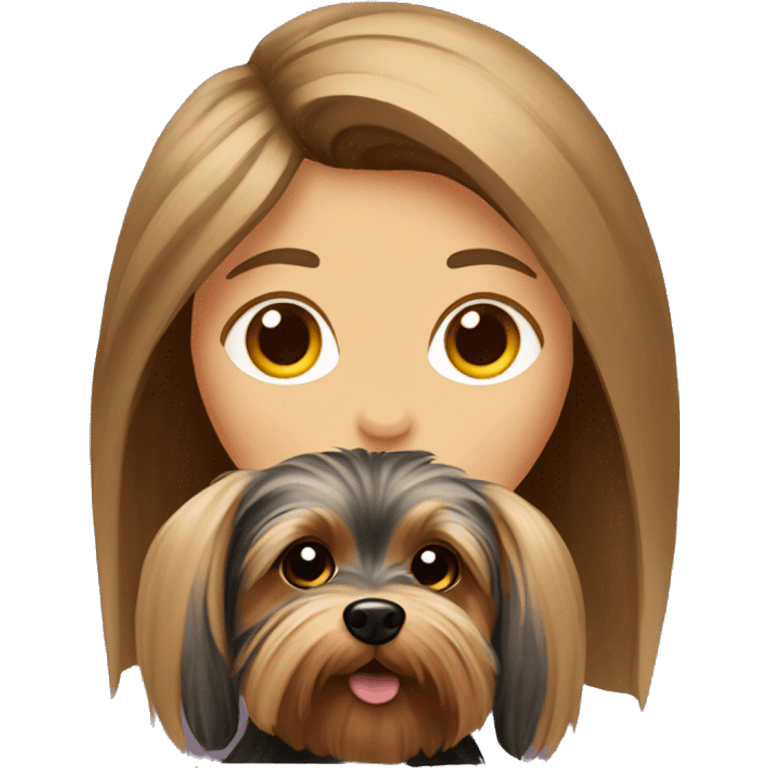 Yorkshire Terrier in the arms of a girl with brown hair emoji