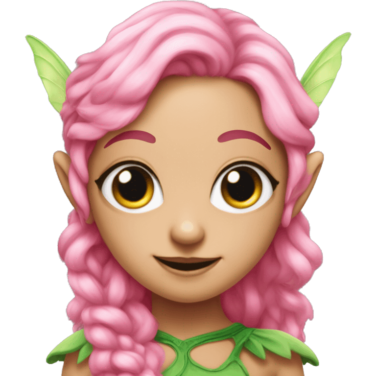 a pink-skinned creature with four eyes, elf ears with green curly hair, and fairy pixie wings emoji