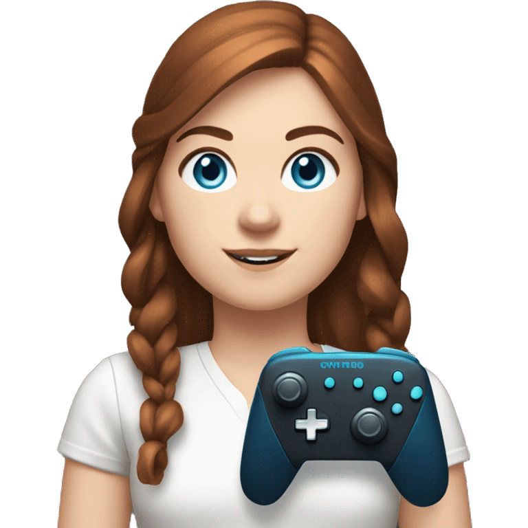 White girl, dark auburn hair, blue eyes, with a Nintendo switch controller emoji