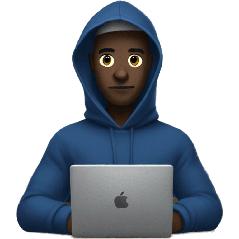 A man in a dark blue hoodie with a capelet on his head, his face not visible in the shadows, is sitting at a computer. emoji