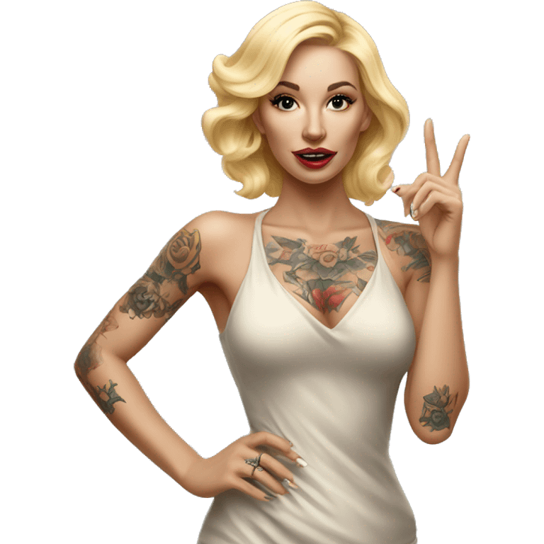 Blonde elegant women, her Body Covered with Tattoos, POINTING YOU with her HAND , Hyper realistic emoji